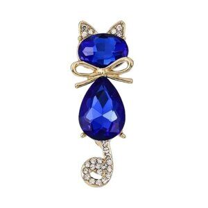 Elegant Cobalt Blue Gemstone Cat Brooch Pin With Crystal Accents